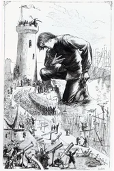 Gulliver kniet vor den Lilliputanern nach dem Diebstahl der Blefuscudian-Flotte, Illustration aus 